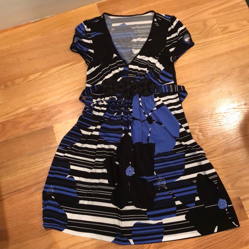Black, cream, and blue patterned dress